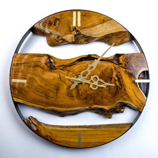 Wood Clock Made of Teak Wood, Metal & Teak Wood Clock, Natural Grain Live Edge Clock, Gift Ideas for New Home, Unique Home Decor, Wall Decor