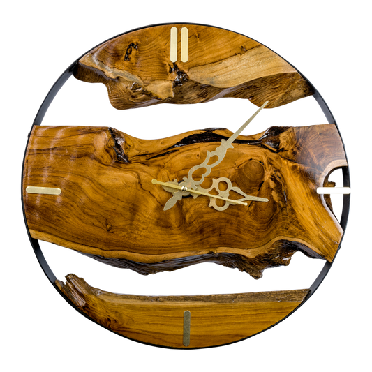 Wood Clock Made of Teak Wood, Metal & Teak Wood Clock, Natural Grain Live Edge Clock, Gift Ideas for New Home, Unique Home Decor, Wall Decor